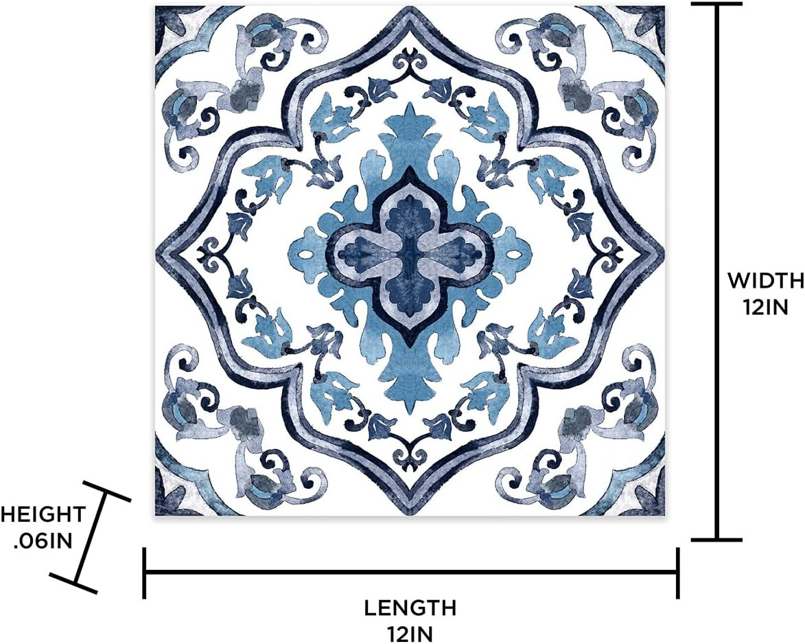 Marrakesh Peel and Stick Floor Tiles, Blue, Floral Vinyl Floor Tiles, Water Resi