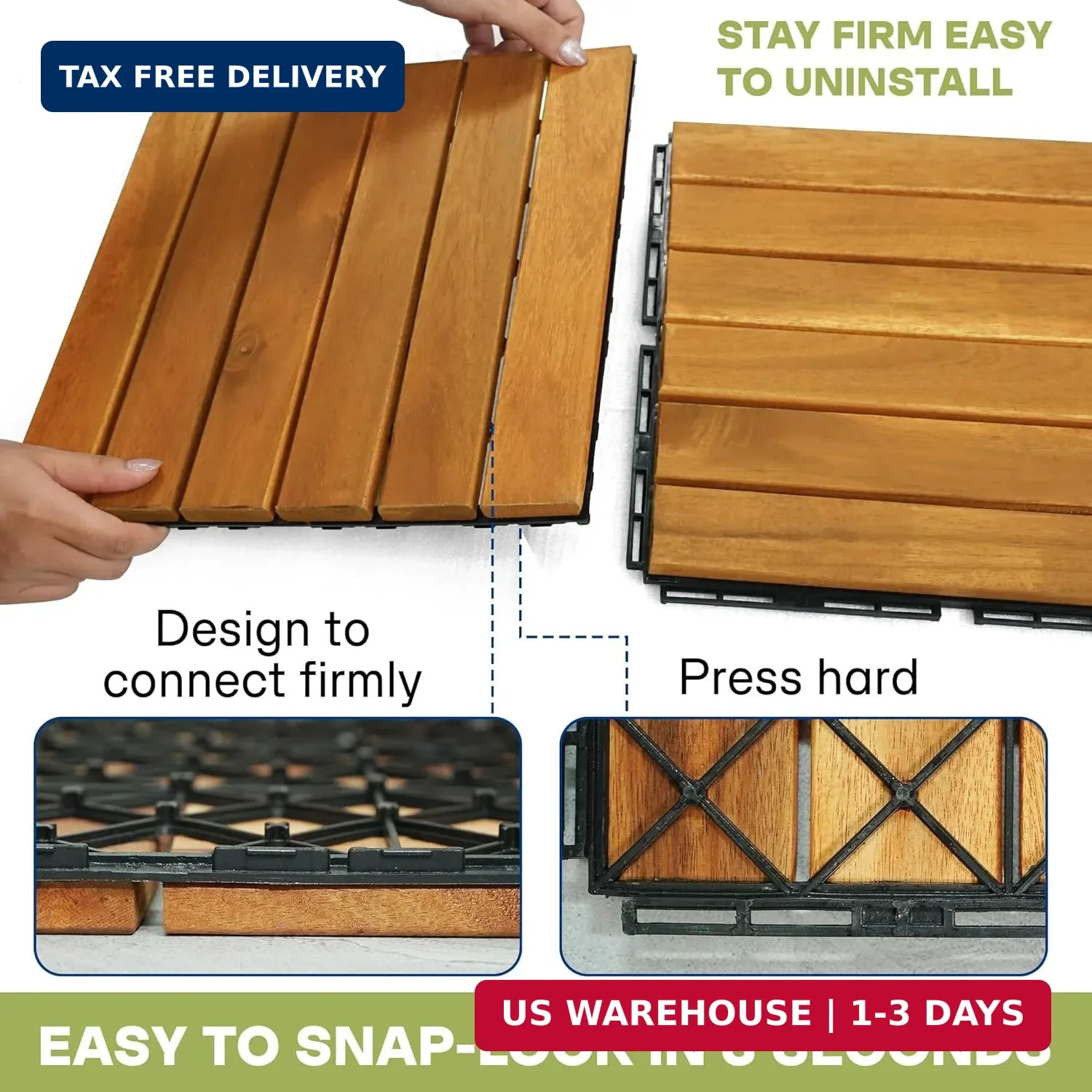 Tranquillo Interlocking Deck Tiles 12″x12″, Acacia Wood Patio Tiles, Waterproof