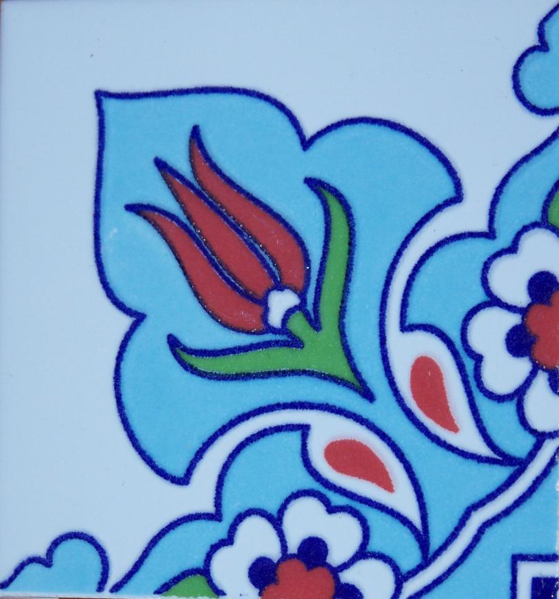 Light Blue 4″x4″ Raised Iznik Ceramic Daisy & Tulip Pattern Tile Border Corner