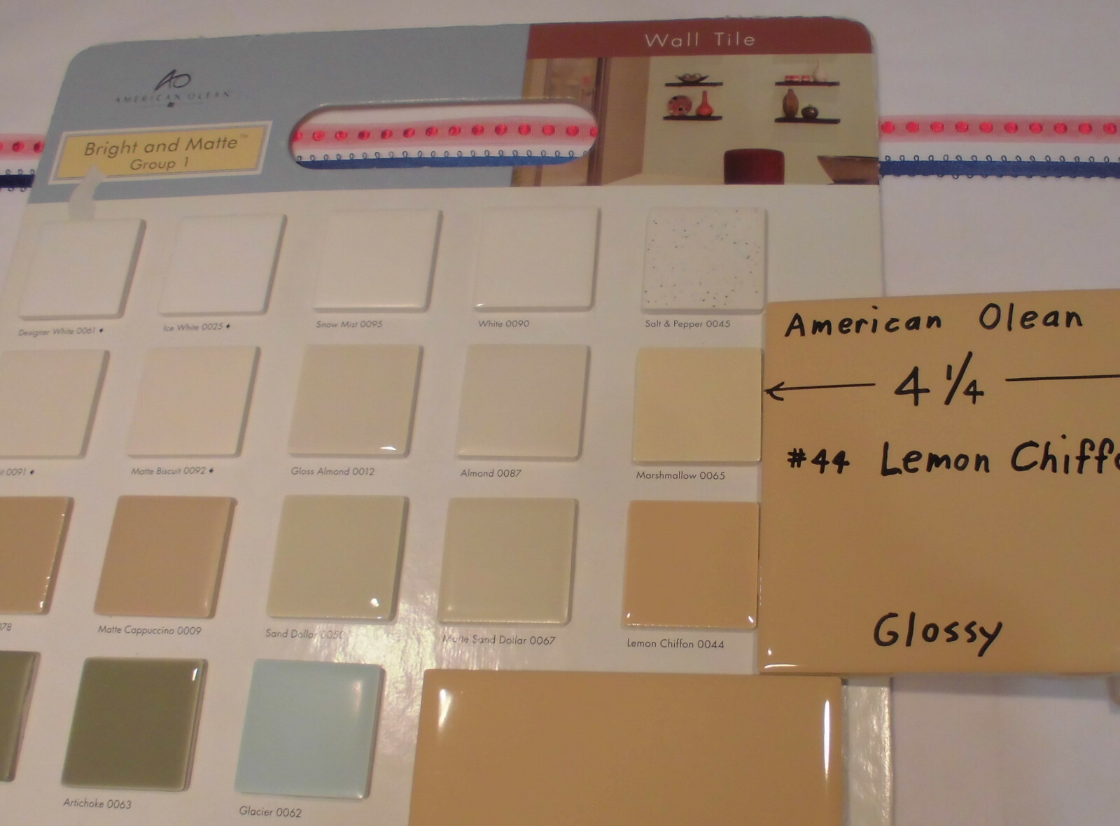 1 pc. Glossy Ceramic Tile *Lemon Chiffon #44* by American Olean 4-1/4″ Mustard