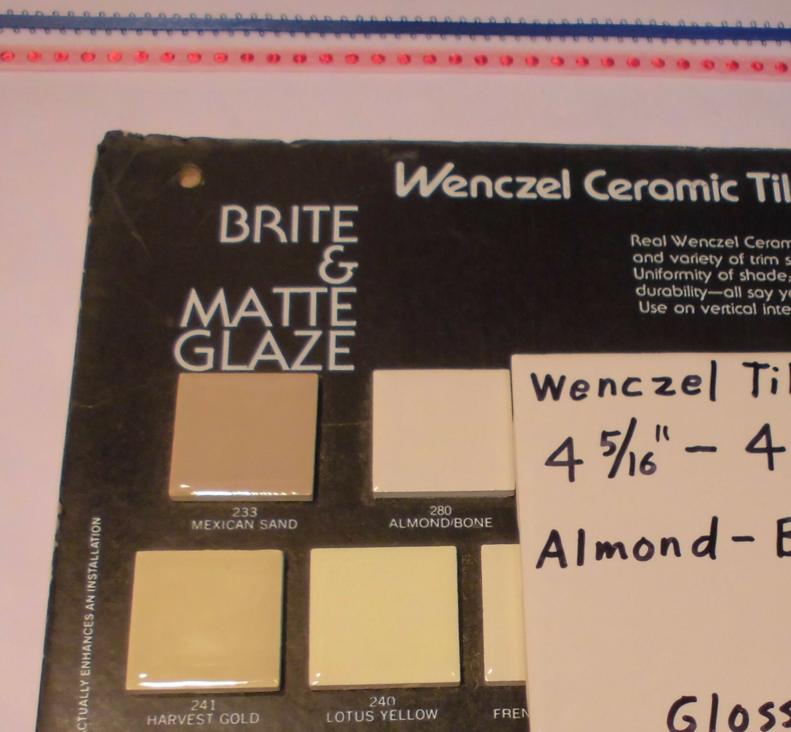 1 pc. *Almond – Bone* Glossy Ceramic Tile by Wenczel Tile Co. 4-5/16″- 4-3/8″