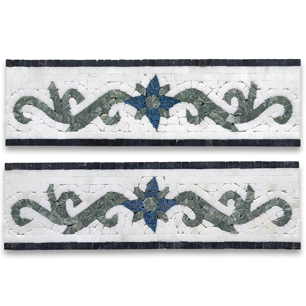 B0118P Elizabeth Emerald Sapphire Marble Mosaic Border Listello Tile Polished