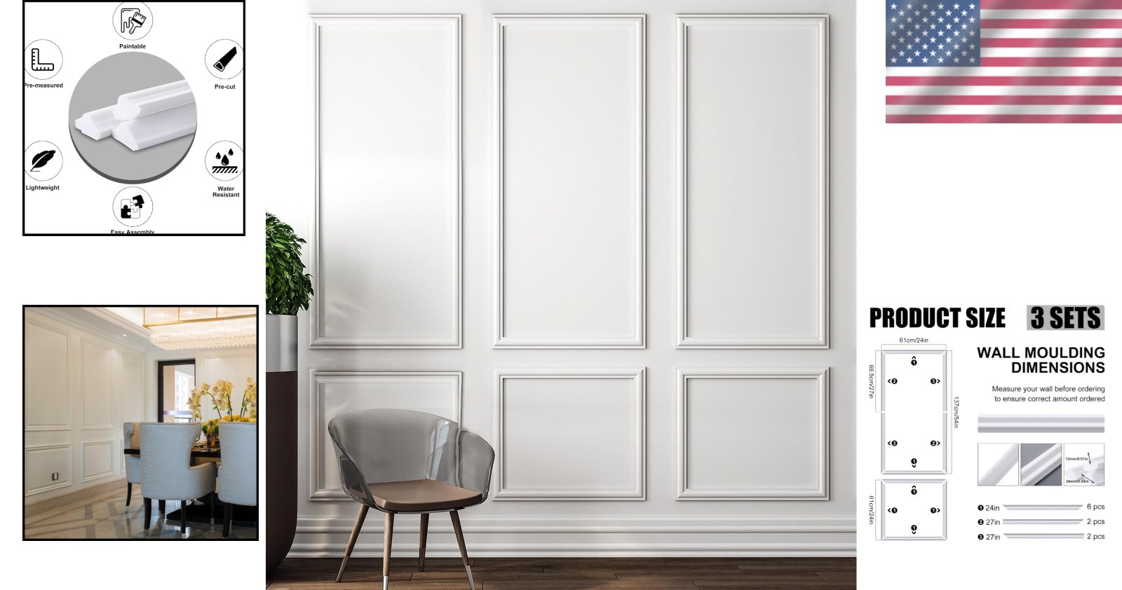 Elegant 3D Peel and Stick Wainscoting Kit – 30 White Accent Molding Pieces