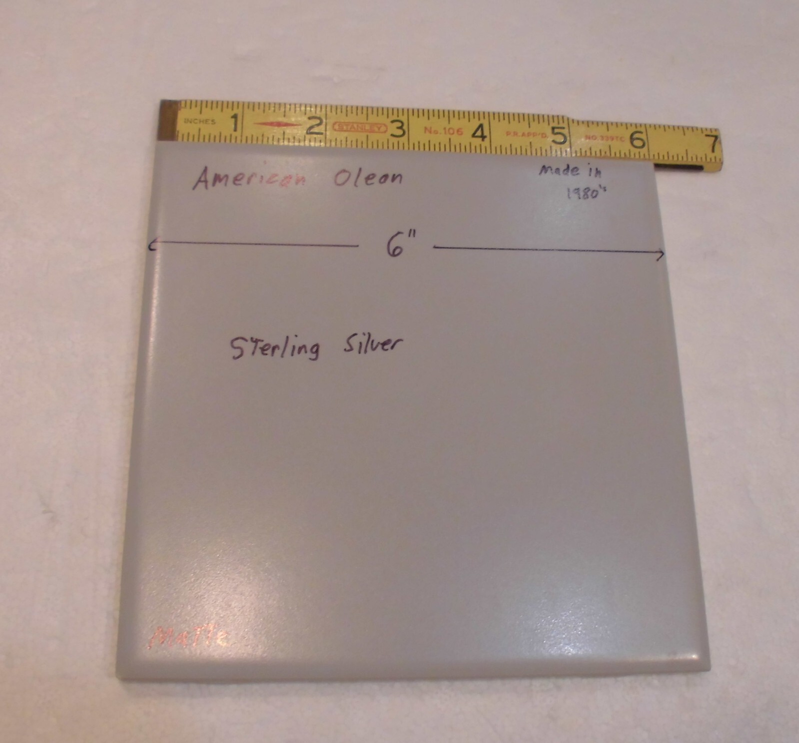 1 pc. 6″ X 6″ Matte Ceramic Tiles *Sterling Silver Gray* American Olean, NEW