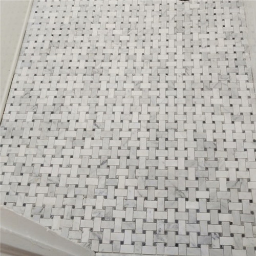 C657XH White Carrara Marble Basketweave Mosaic Tile Dark Gray Dots Honed
