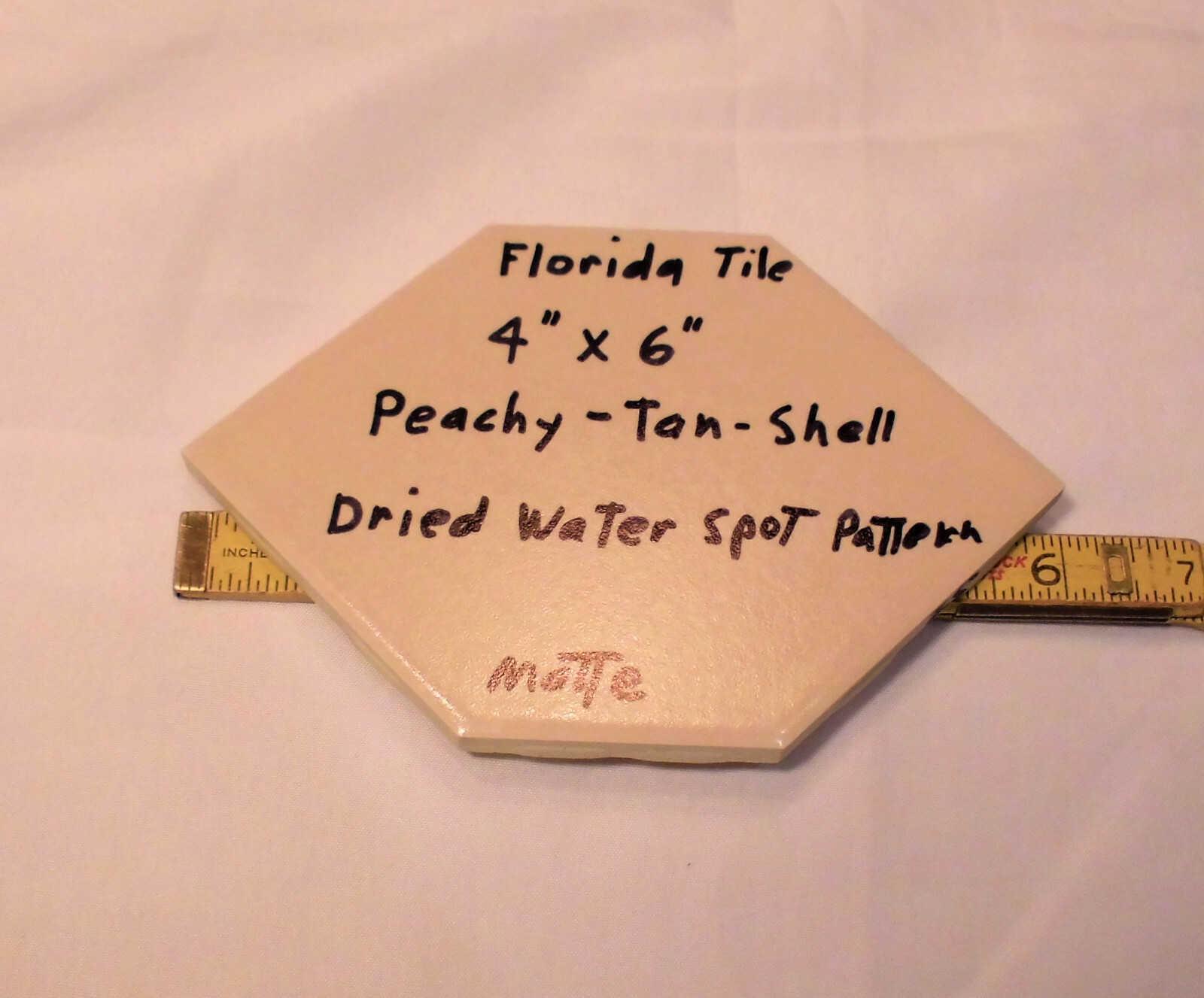 1 pc. Hexagon 4″ X 6″ Peach-Tan-Shell Ceramic Tile; Crystal Glazed; Florida Co.