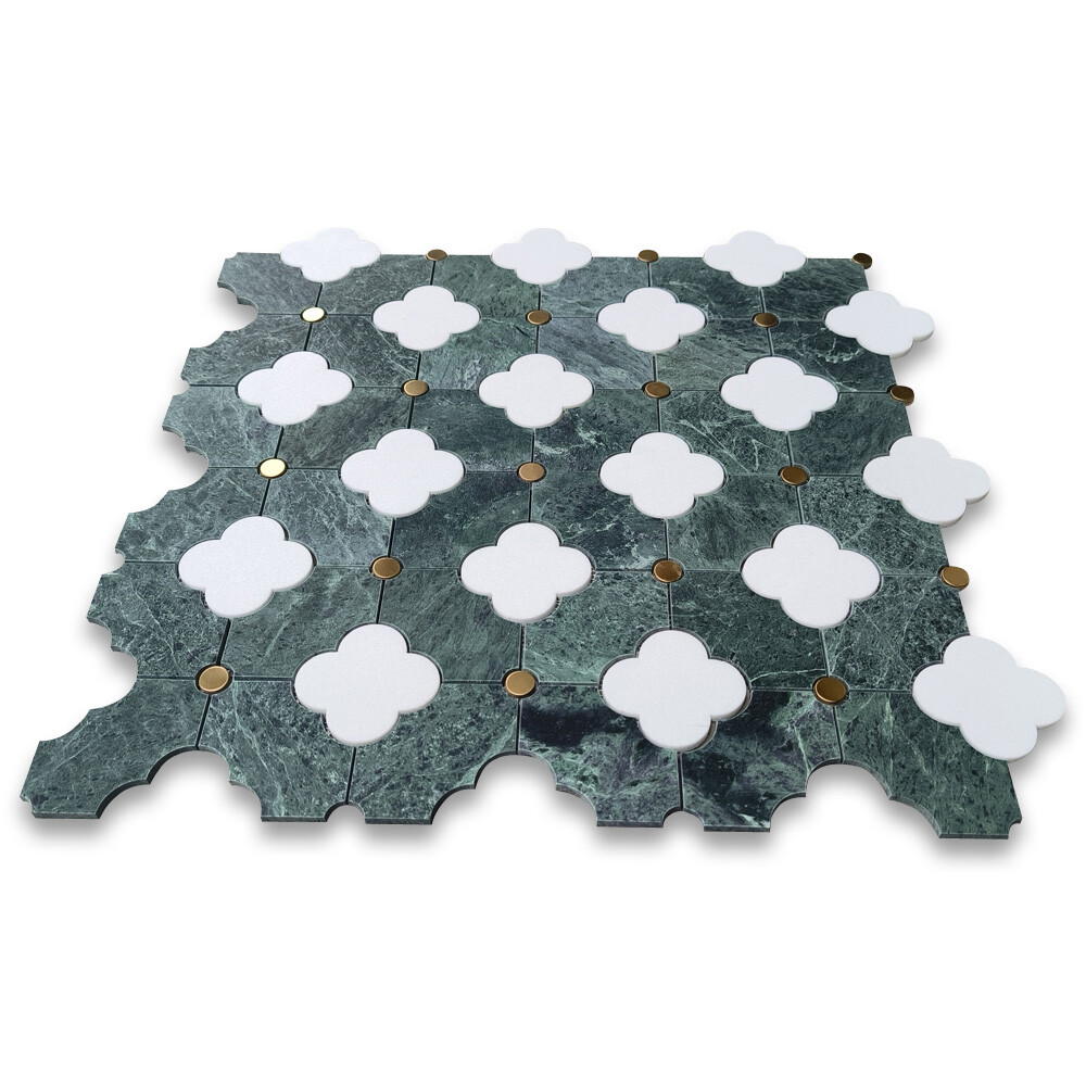T9Q2XH Thassos White Indian Green Marble Four-Leaf Clover Flower Mosaic Tile