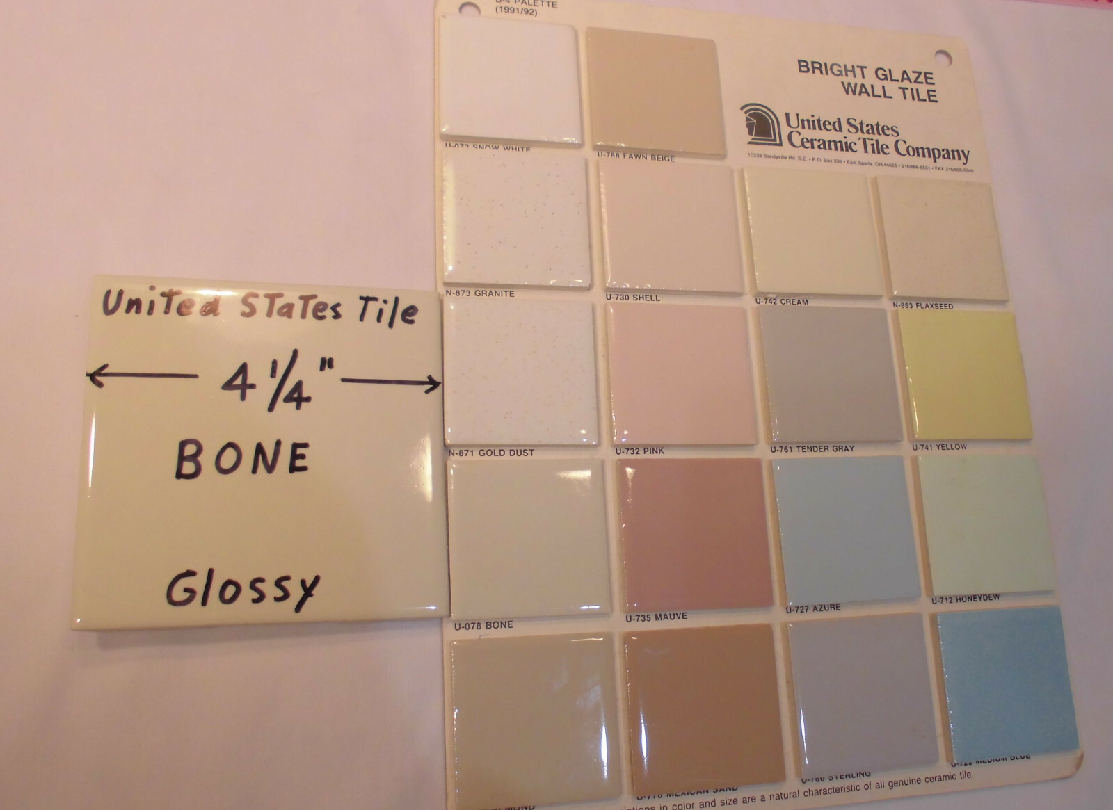 1 pc. Gloss Bone: 4-1/4″ Ceramic Tile by United State Tile Co. New Old Stock