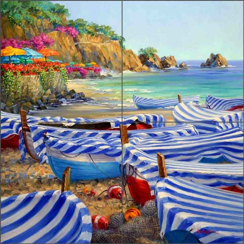 Fishing Boats Accent & Decor Tile Mikki Senkarik Mediterranean Art MSA307