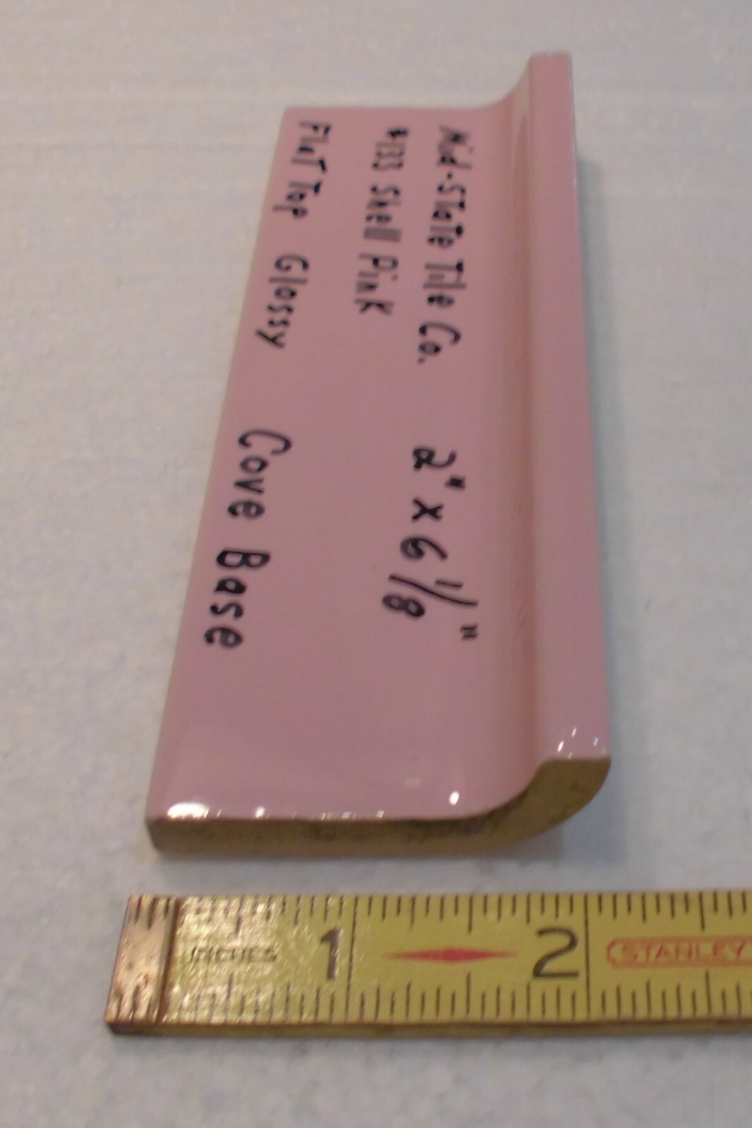 1 pc. Shell Pink 2” X 6-1/8” Glossy Ceramic Cove Base Tile, Flat Top, Mid-State