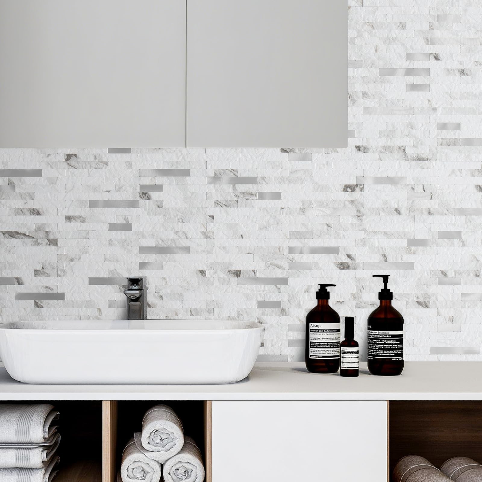 20 Sheets White Marble Peel and Stick Backsplash Tile, Faux Stone PVC Mixed M…