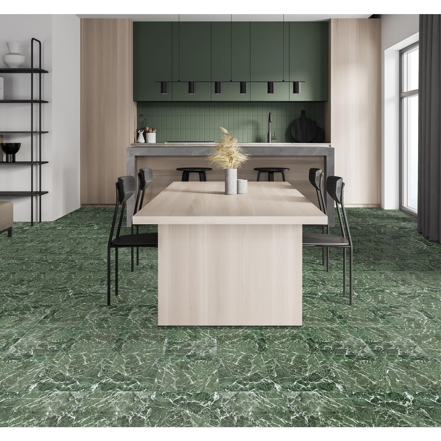 Self Adhesive Vinyl Floor Tile Forest Marble Peel & Stick 12×12″ Dark Green 20PK