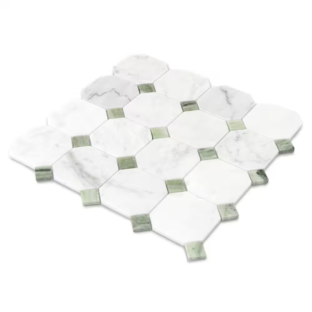 Octagon Carrara White and Green 11.5 In. X 11.5 In. Honed Natural Marble Floor a