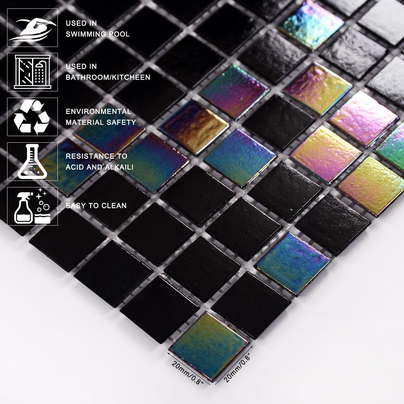 11.5Sqft Iridescent Black Mosaic Tiles for Bathroom Floor and Wall, Kitchen Back