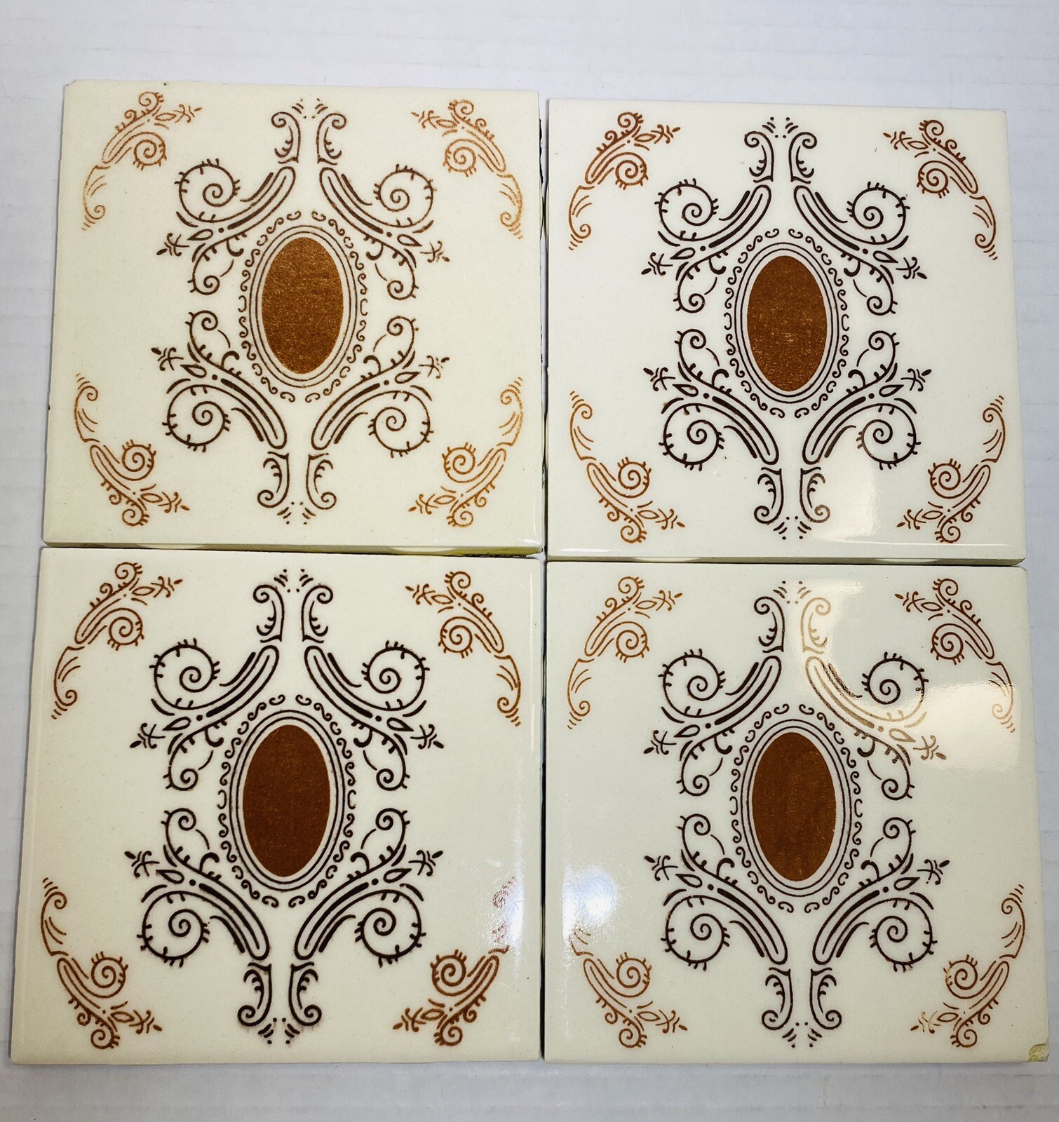 RARE 4 Ceramic Tiles 4.25 MCM Cream, Light Bronze Brown & Dark Brown