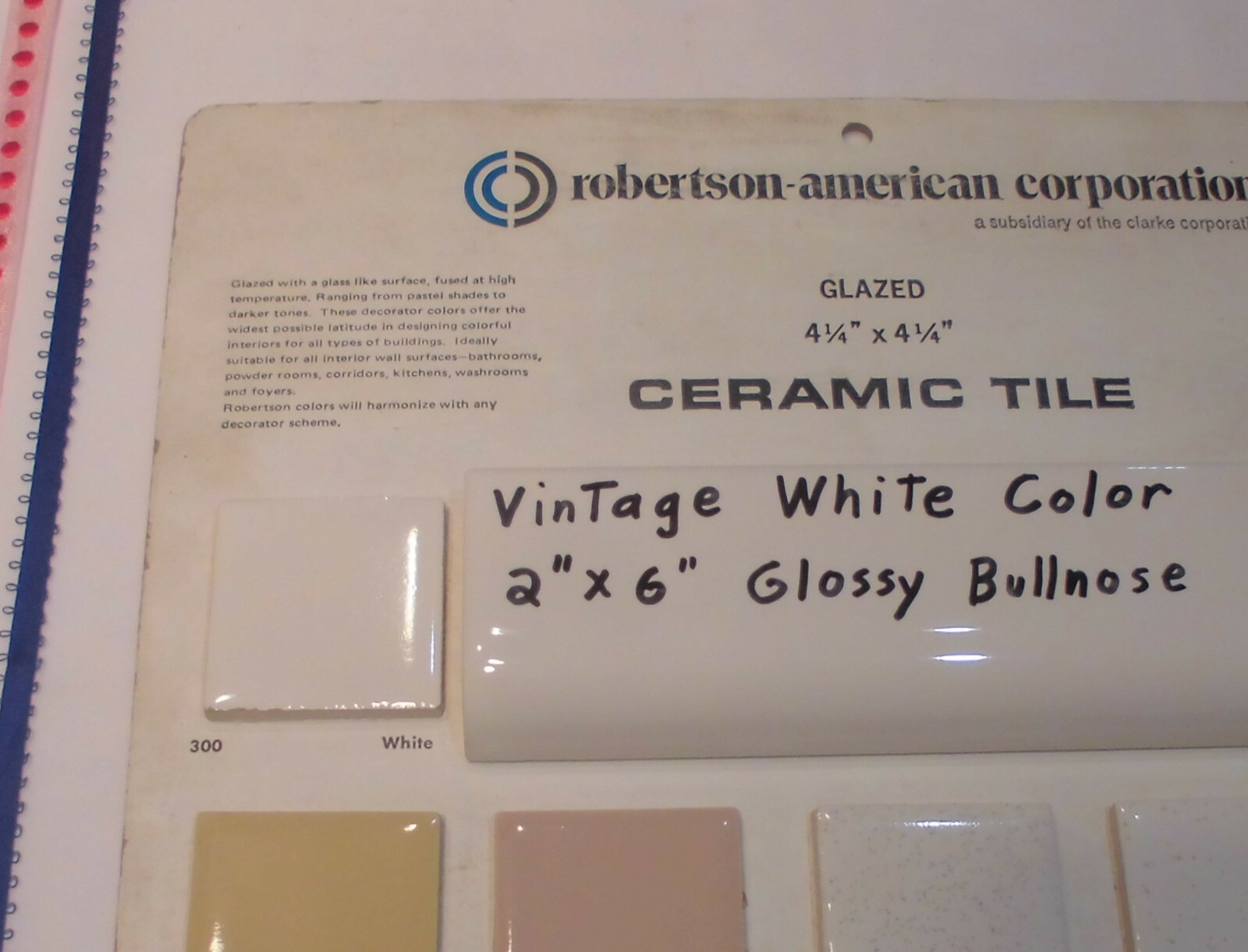 1 pc. *Vintage White* Glossy 2″ X 6″ Ceramic Radius Bullnose Tile; Mud Caps