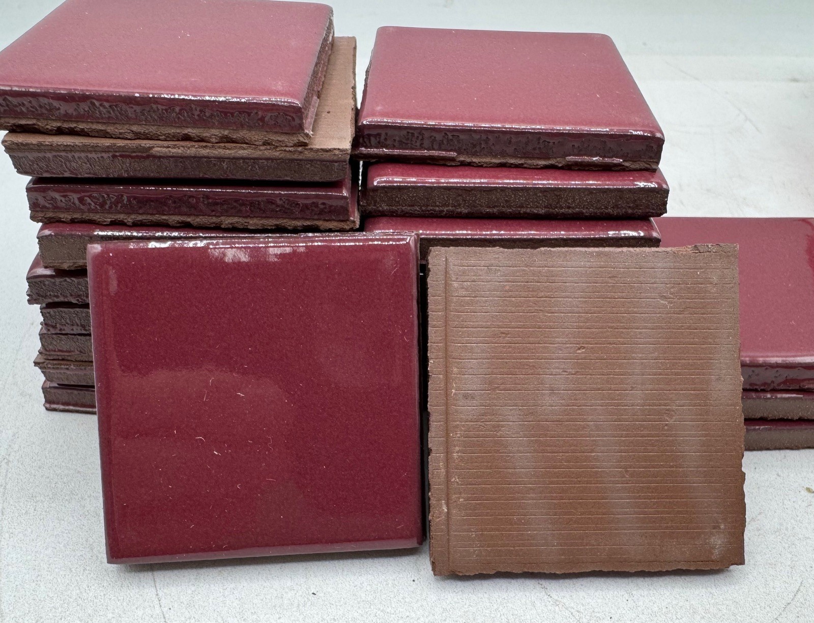 Vintage Raspberry Red Glazed Ceramic Tile Dots 2×2 Lot of 23 Unused