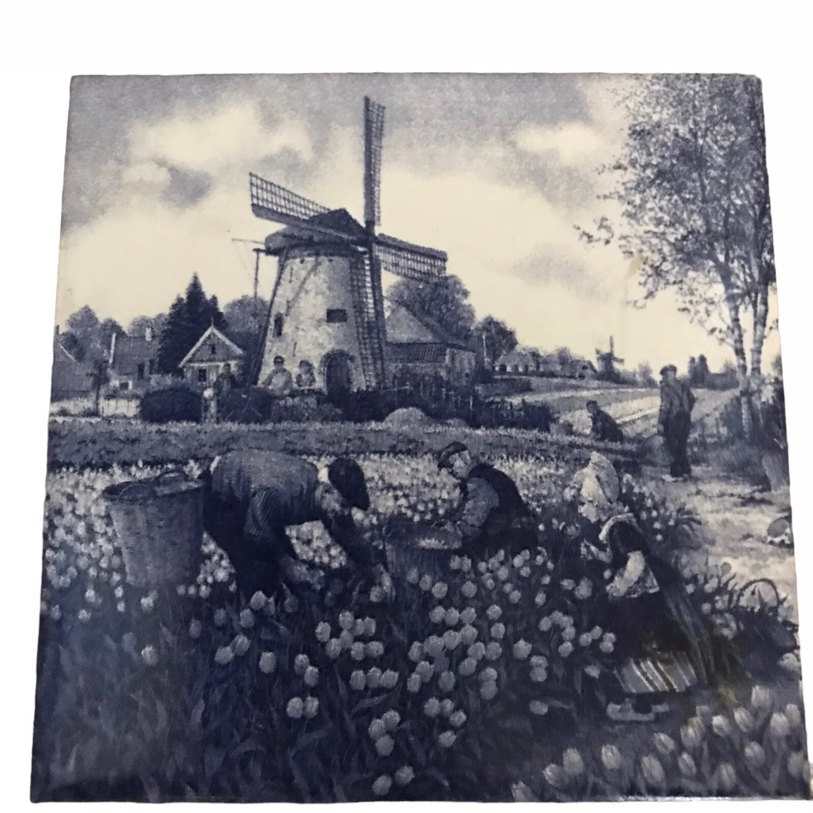 Vintage Delft Blue 4×4 Wall Tiles Pair Windmill Netherlands Replacement