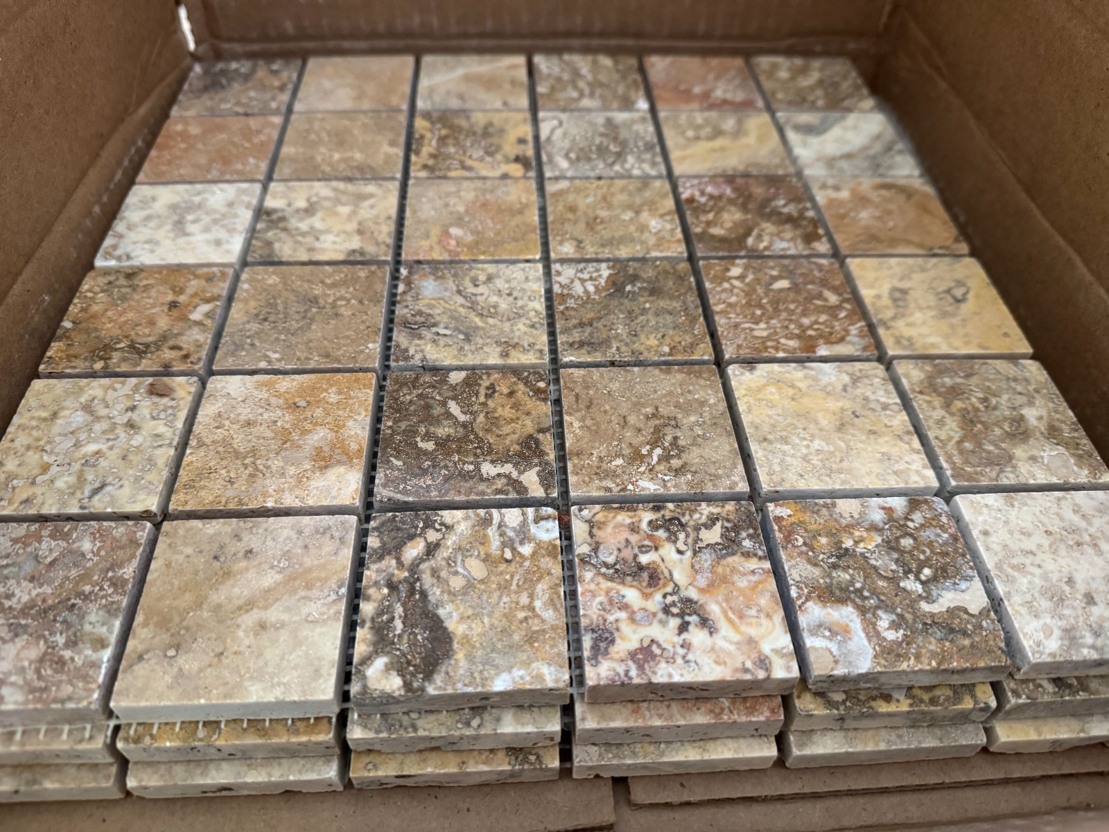 BRAND NEW 12×12 Polished Scabos Travertine Mosaic Floor/Wall Tile – ONE SHEET