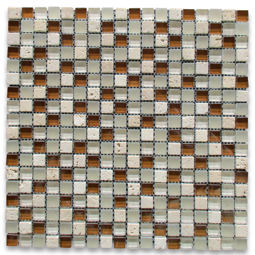 A22003 Glass Mosaic Tile White Brown Glass Beige Travertine 5/8″ Backsplashes