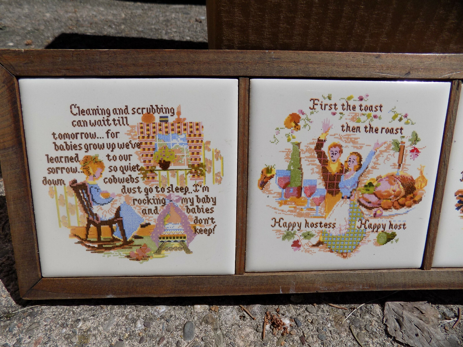 Vtg folk art 6 Country Tile Set Framed Cross stitch style Kitchen Home Kissin +
