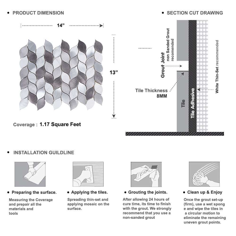 Modern Gray Metallic Blended Natural Stone Leaves Pattern Mosaic Backsplash Tile