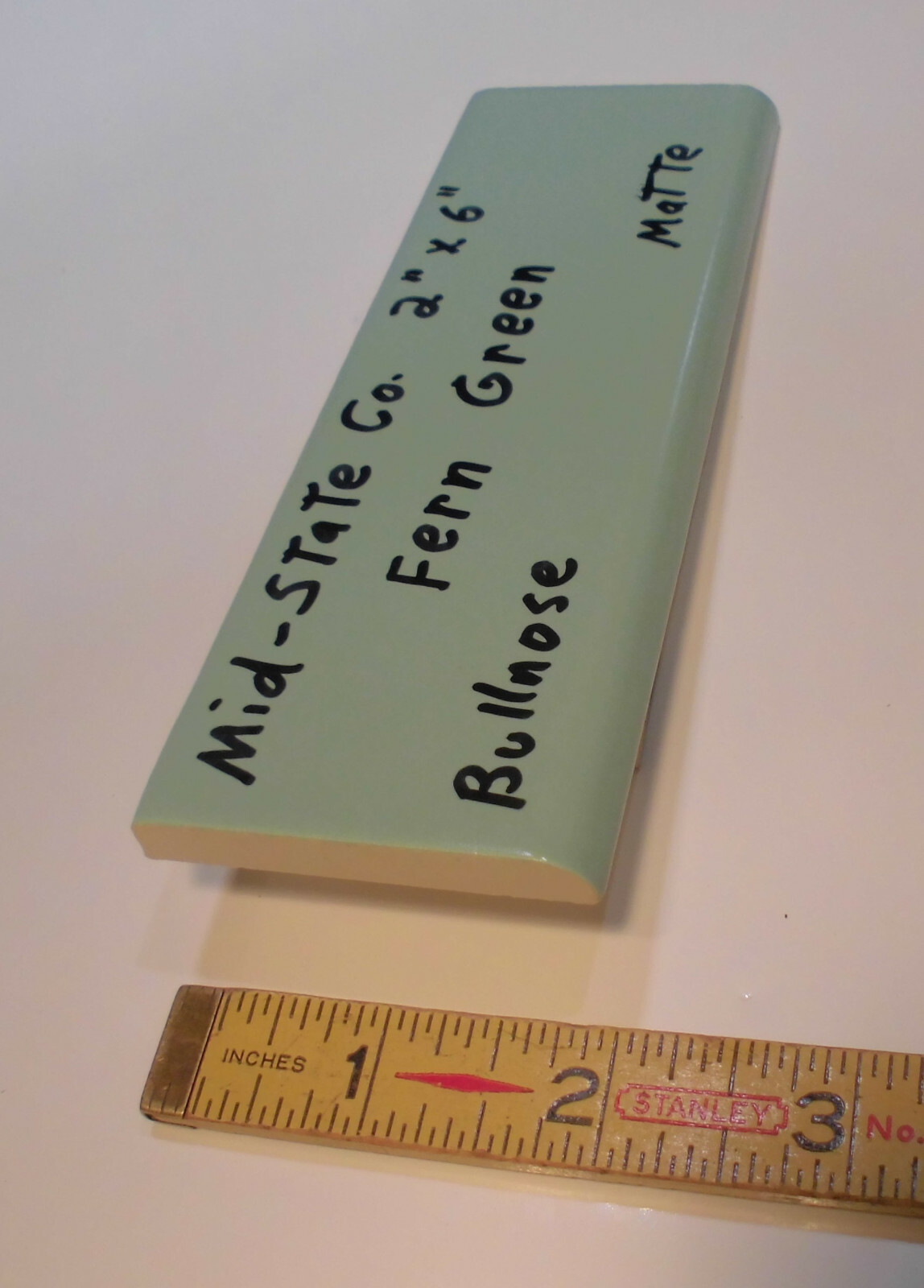1 pc. Vintage *Fern Green* 2” X 6” Matte Ceramic Bullnose Tile by Mid-State Co.