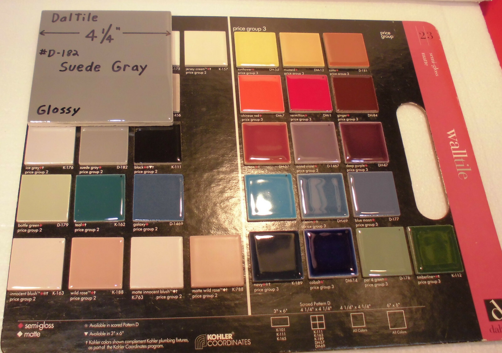 1 pc. Suede Gray; Glossy Ceramic Tile by Daltile; 4-1/4″ New Stock, darker gray
