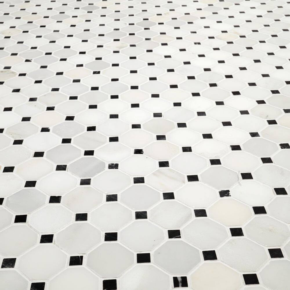 Greecian White 12X12X0.38 In. Honed Marble Octagon Mosaic White Marble and Black