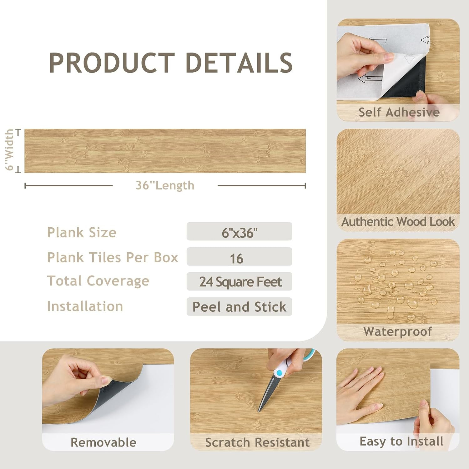 Natural Bamboo Peel and Stick Flooring Waterproof Vinyl Plank Flooring 16-Pack 2