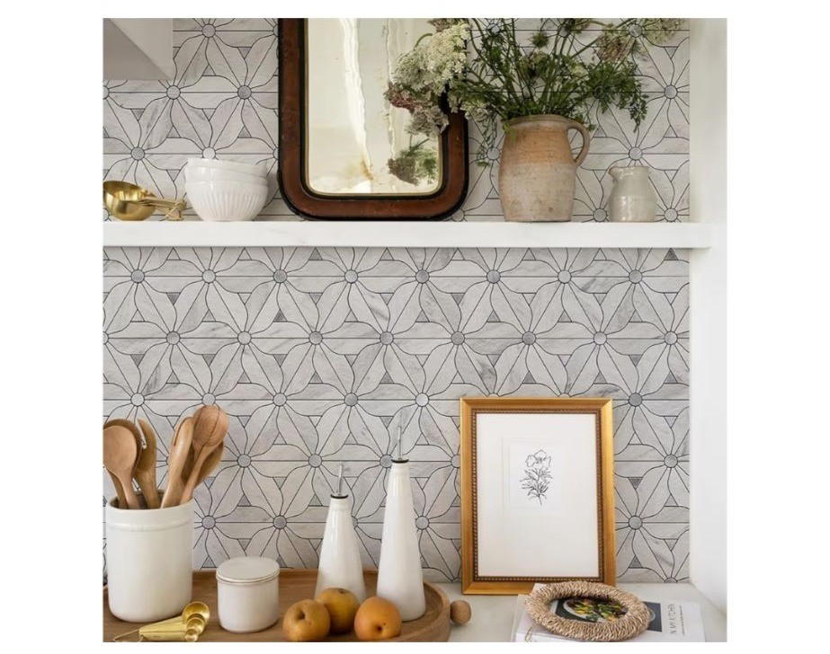 10 Sheets 12″x 12″ Peel & Stick Backsplash White PVC Silver Geo Flower Tiles