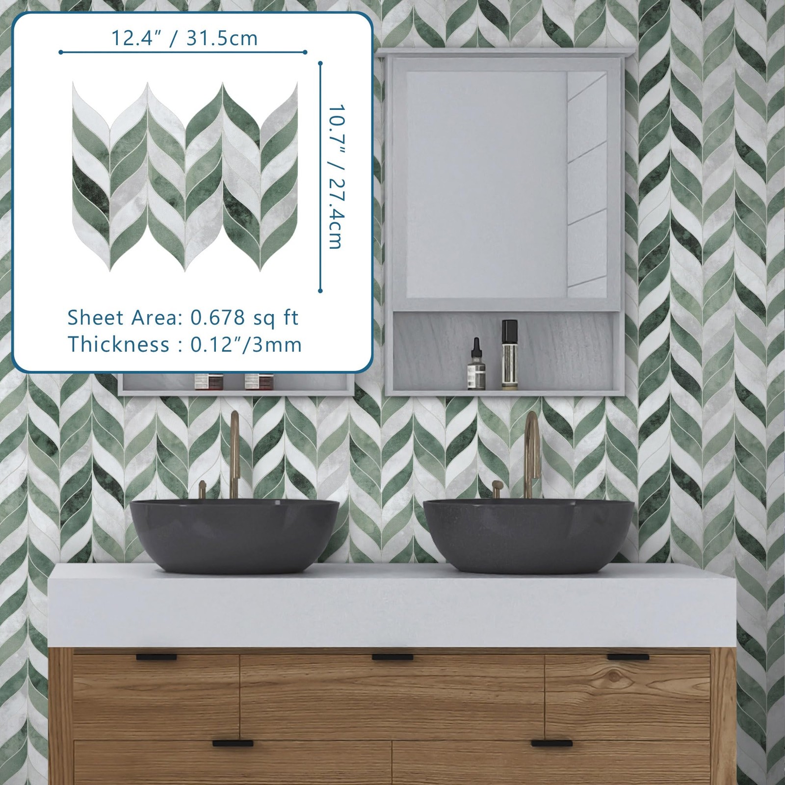 10-Sheet Leaf Waterjet Peel and Stick Backsplash, 12.4″ x 10.7″ Green Cement …