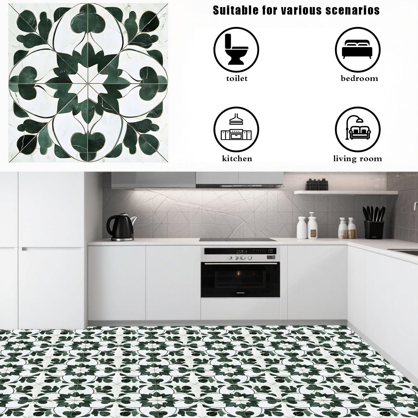 Peel and Stick Vinyl Floor Tiles, 11.8″x11.8″ Green Leaf Geometric Pattern, 1…