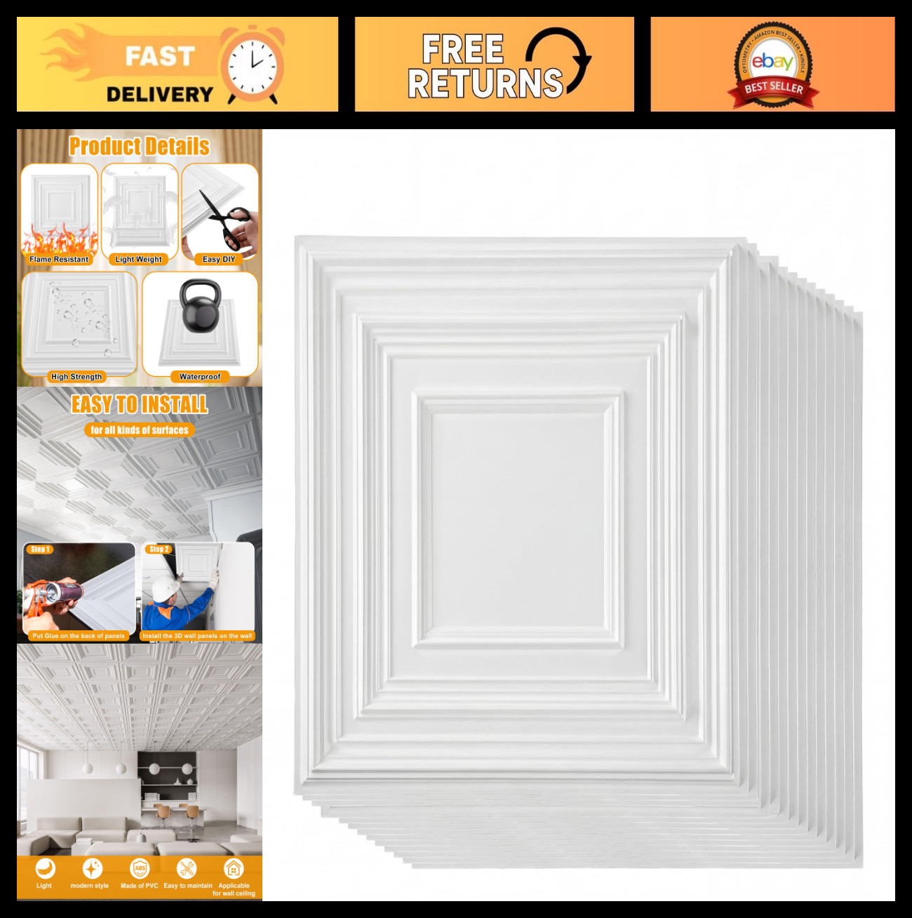 30 Pcs 12×12 Inch PVC Drop Ceiling Tiles – Glue-Up, Cuttable, Paintable DIY Pane