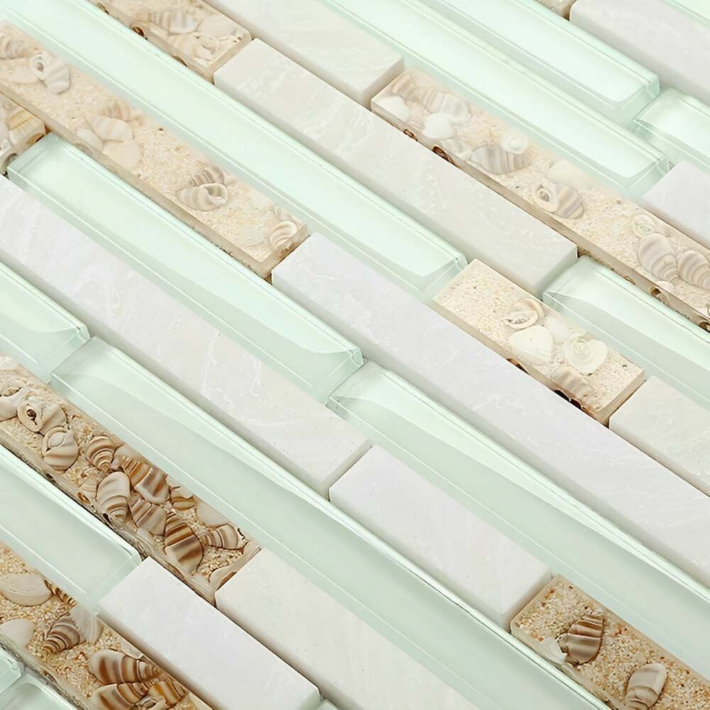 Glass Stone Mosaic Linear Wall Tile Beach Style House Coastal Backsplash