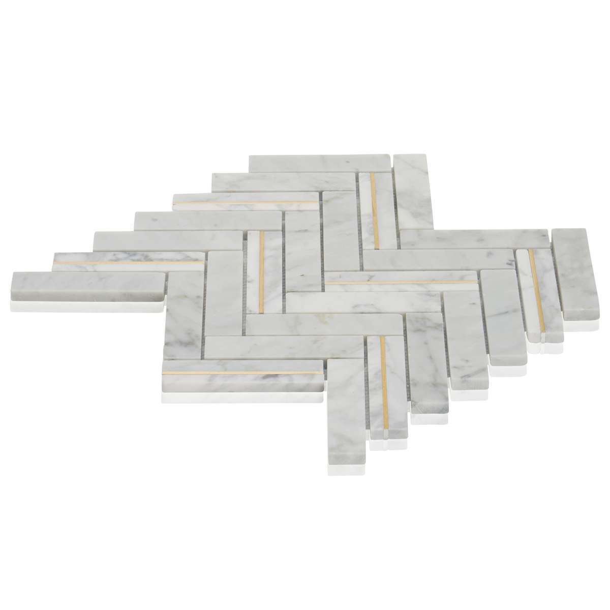 Carrara White Marble Stone Gold Metal Inlay Herringbone Kitchen Tile Backsplash