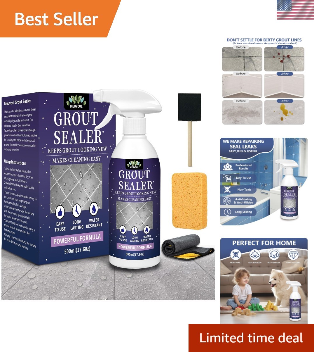 17.6 oz Non-Toxic Grout Sealer for Floors, Showers, Kitchens – Safe & Effective