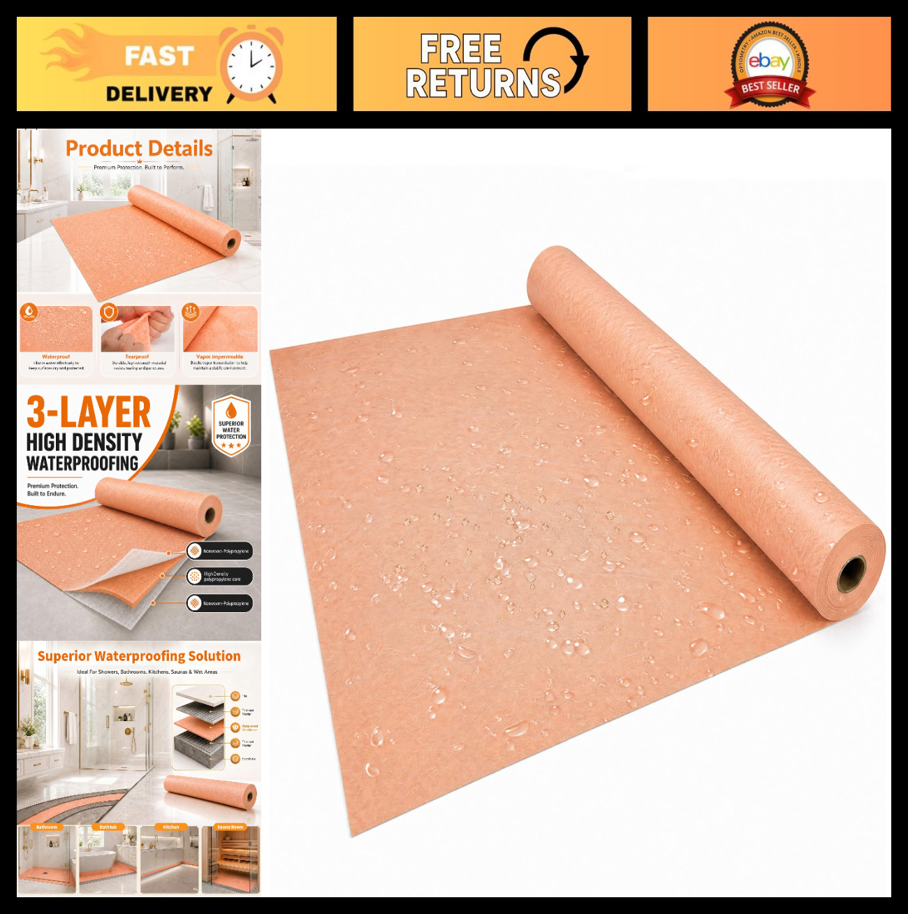 Waterproof Shower Membrane 3.8Ft x 33Ft, 125 Sq Ft, 23.6 Mils Thick Tile Underla