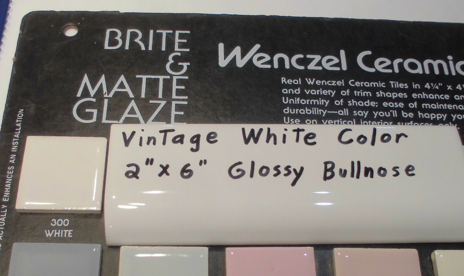1 pc. *Vintage White* Glossy 2″ X 6″ Ceramic Radius Bullnose Tile; Mud Caps