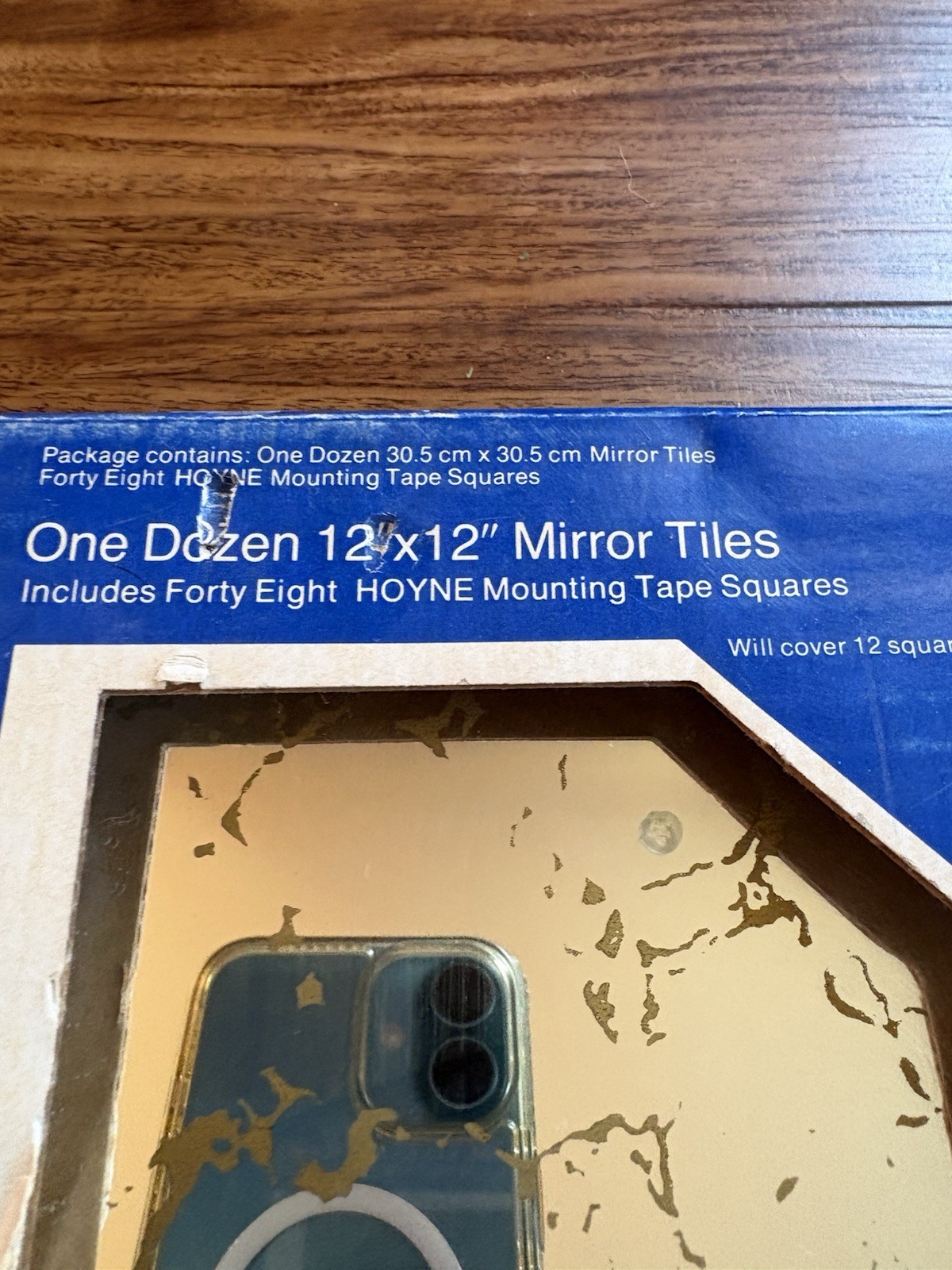 Hoyne Glas-Tile Box of Six 12″ x 12 Antique Gold Marble Mirror Tiles 70’s Nos