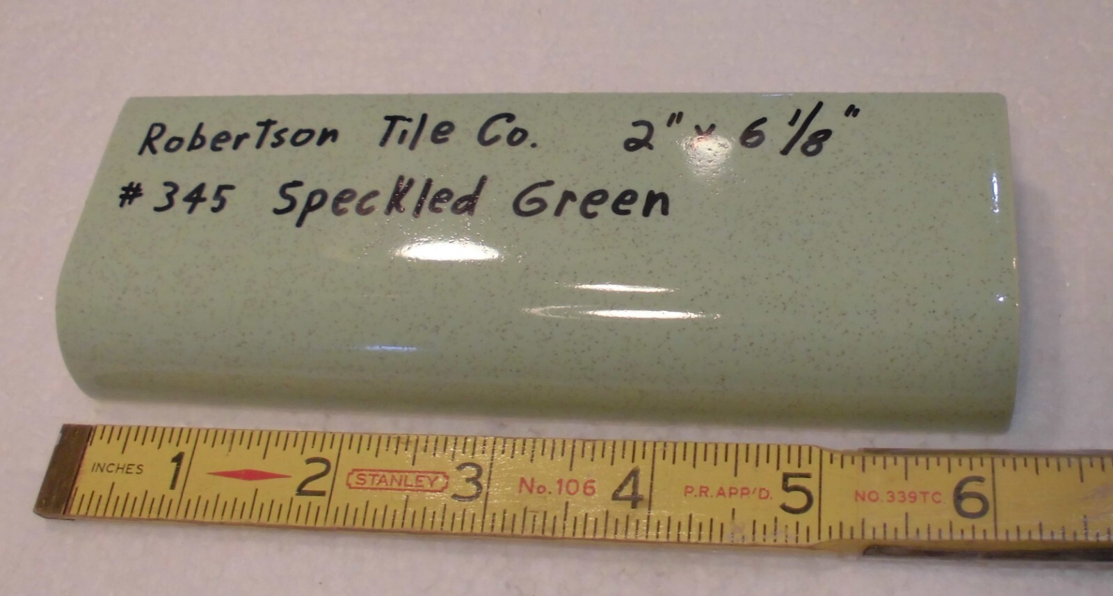 1 pc. Speckled Green: Ceramic Tile; 2″ X 6-1/8″ Radius Bullnose by Robertson Co.