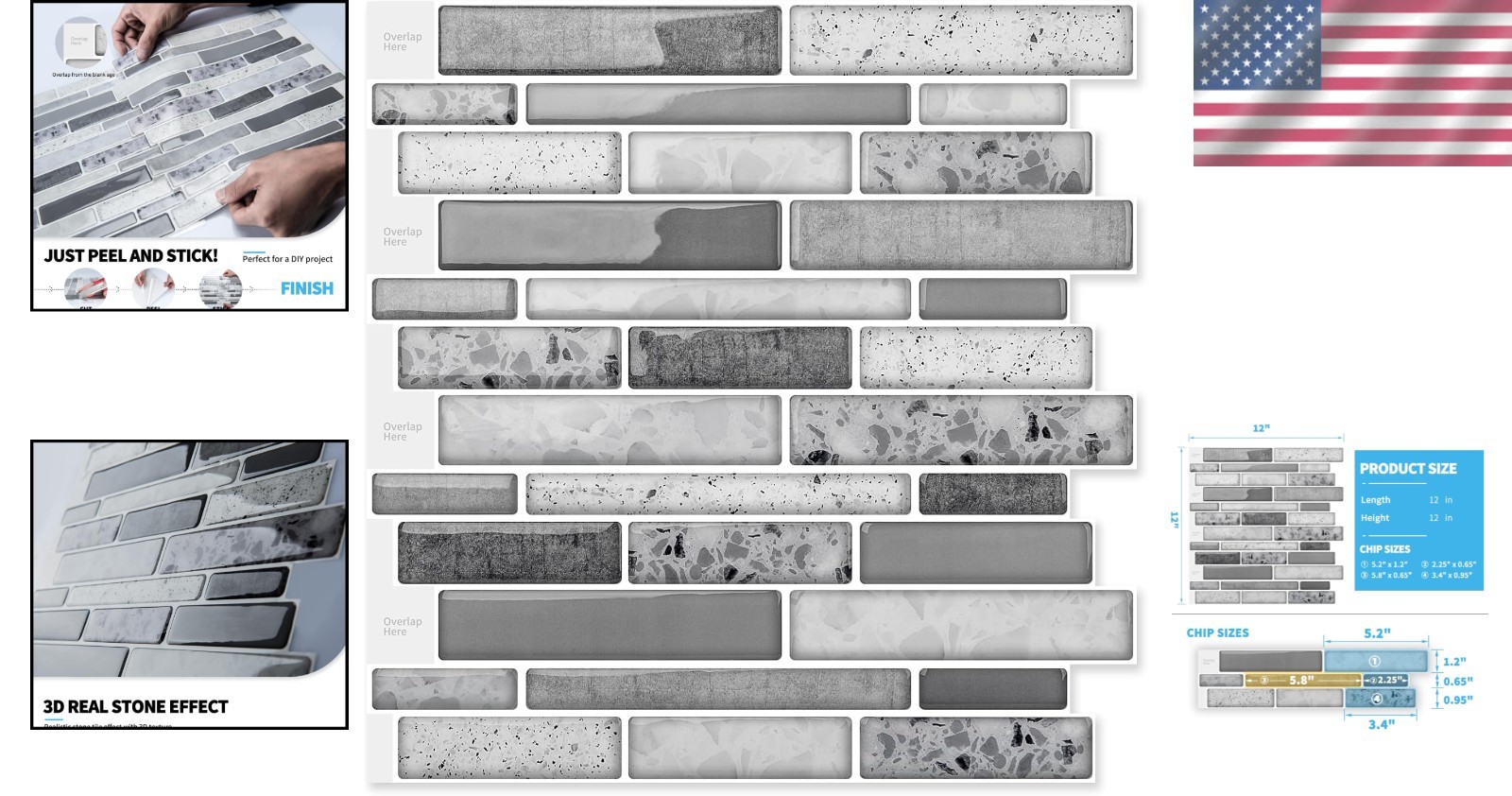 Water Resistant Backsplash Tiles 10 Sheets Grey Stone for Kitchen Bathroom