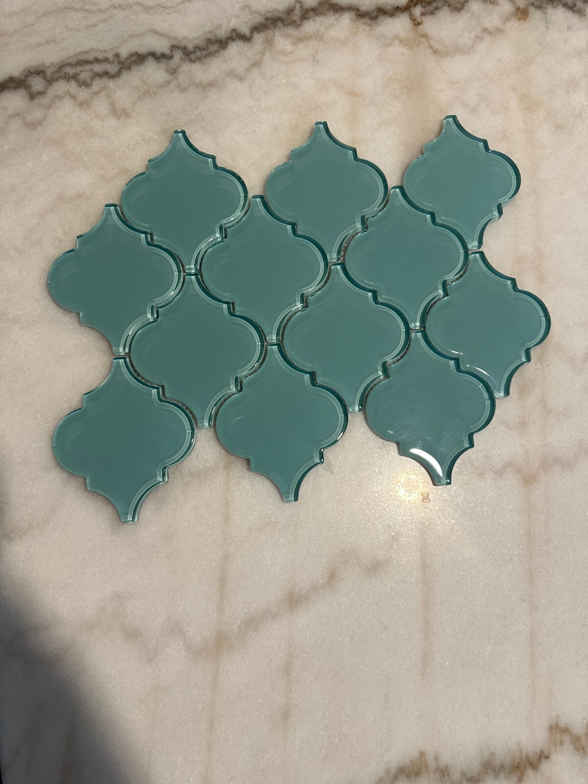 Aqua Blue Arabesque Glossy Glass Mosaic 9″x13″ Offset