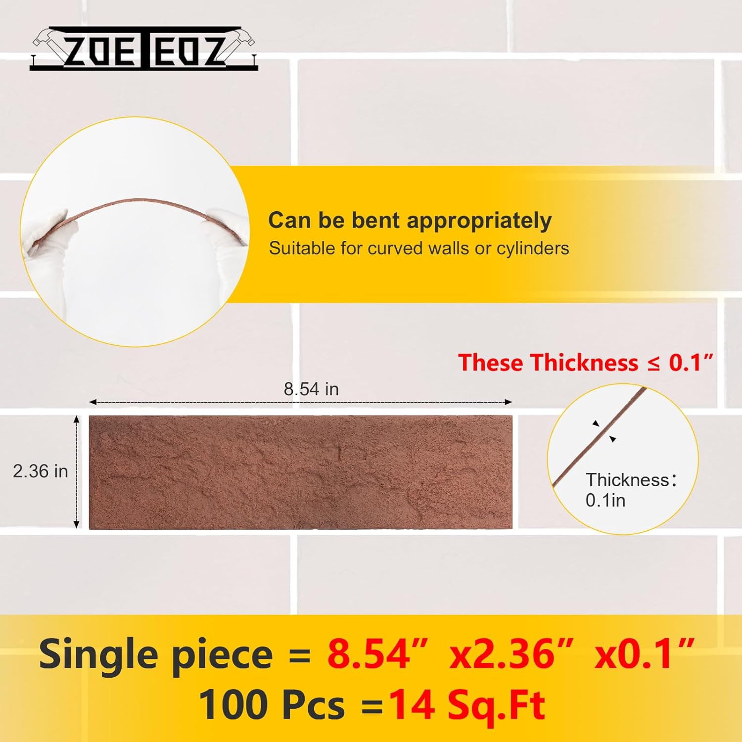 100 Pcs Vintage Red Faux Brick Tiles for Interior Wall Decor, 14 Sq.Ft.
