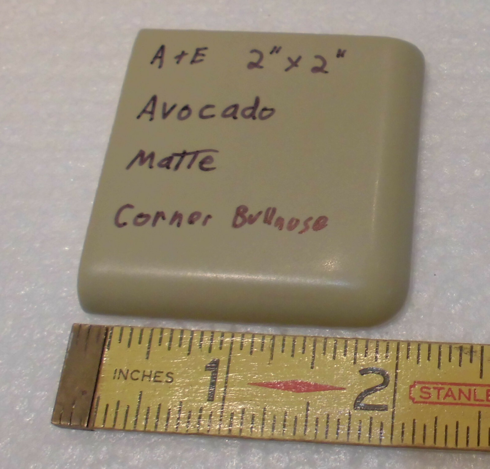 1 pc. Avocado Green 2″ X 2″ X 5/16″ Ceramic Surface Bullnose Corner Tile; Matte