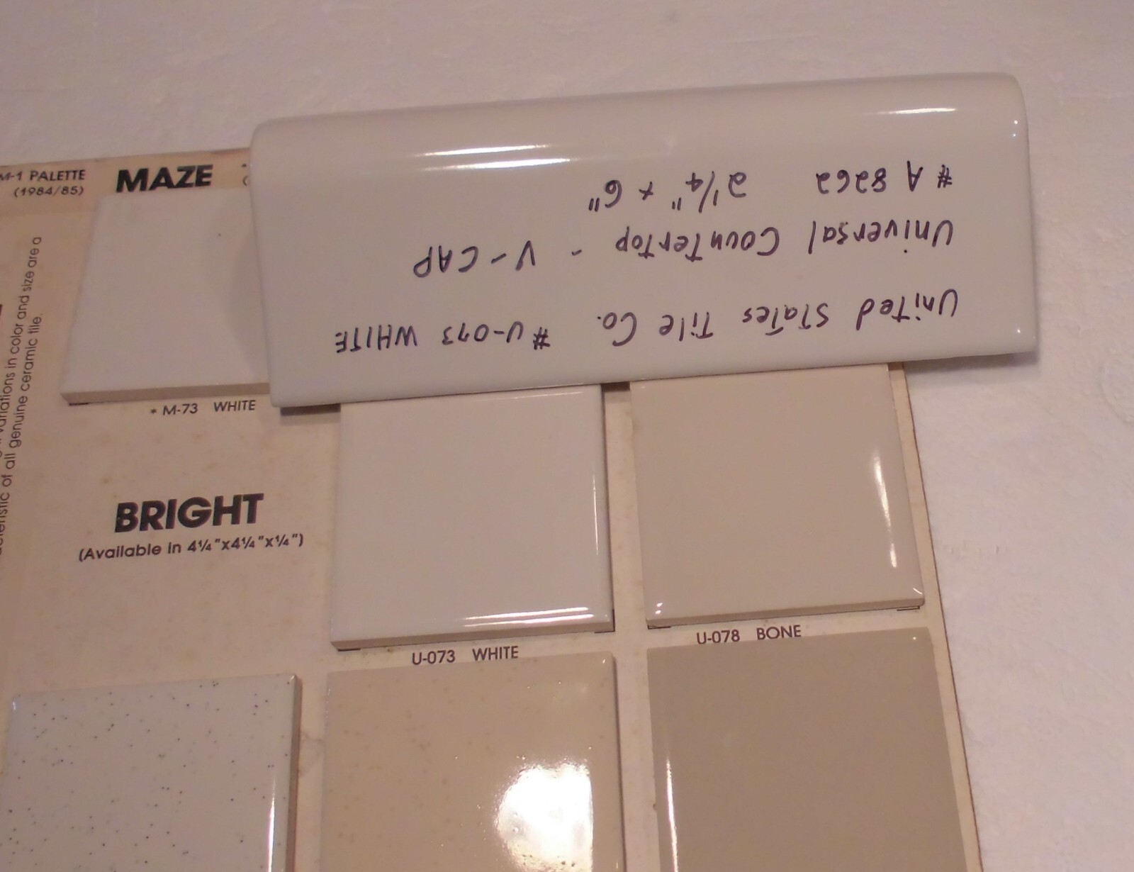 1 pc. Gloss White #U-073: V-Cap Ceramic Trim Countertop Tile: Reversable, U.S.A.