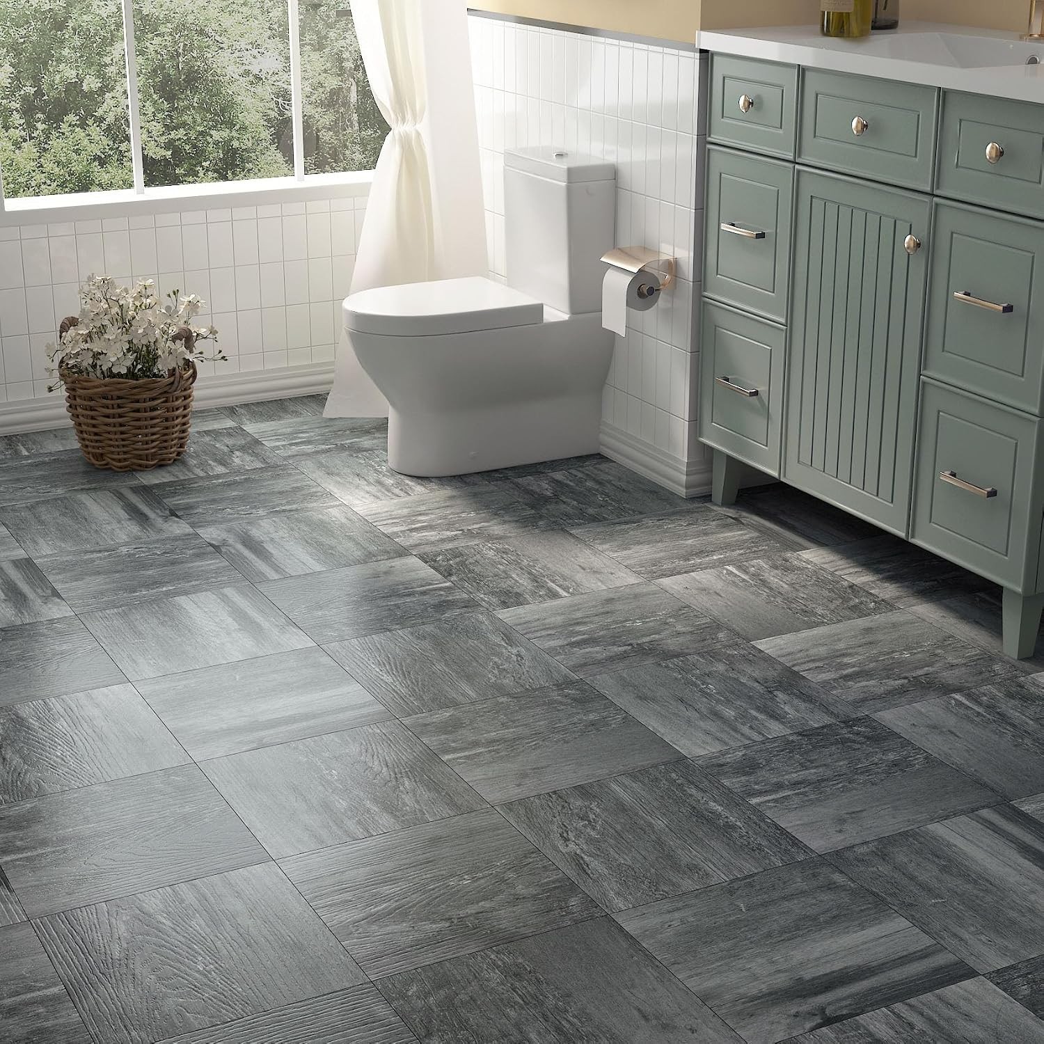 Renter-Friendly Dark Grey Wood Peel and Stick Floor Tiles – 4 Sheets Included
