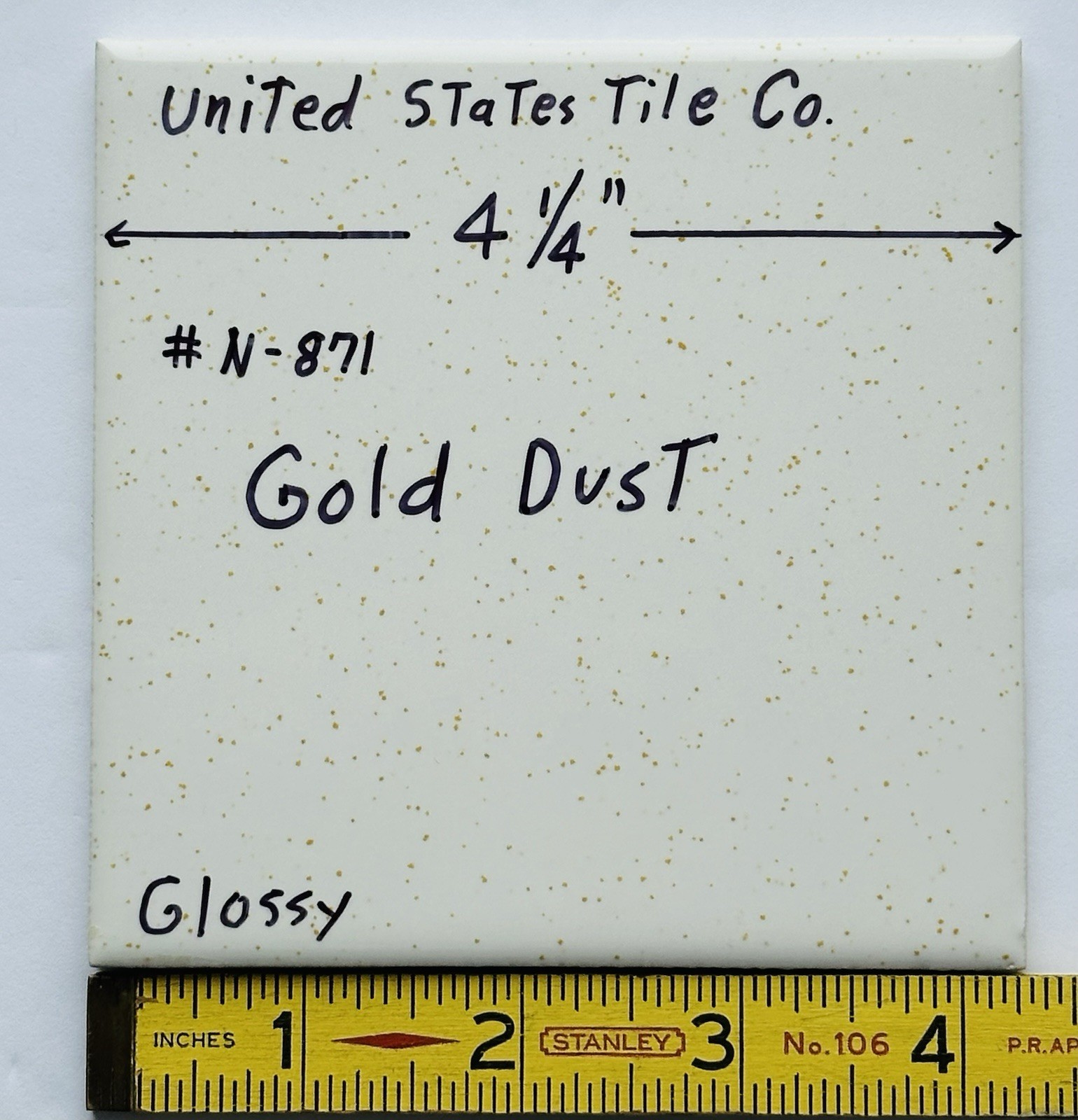 1 pc. Gold Dust: 4-1/4″ Gloss White Speckled Gold Ceramic United States Tile Co.