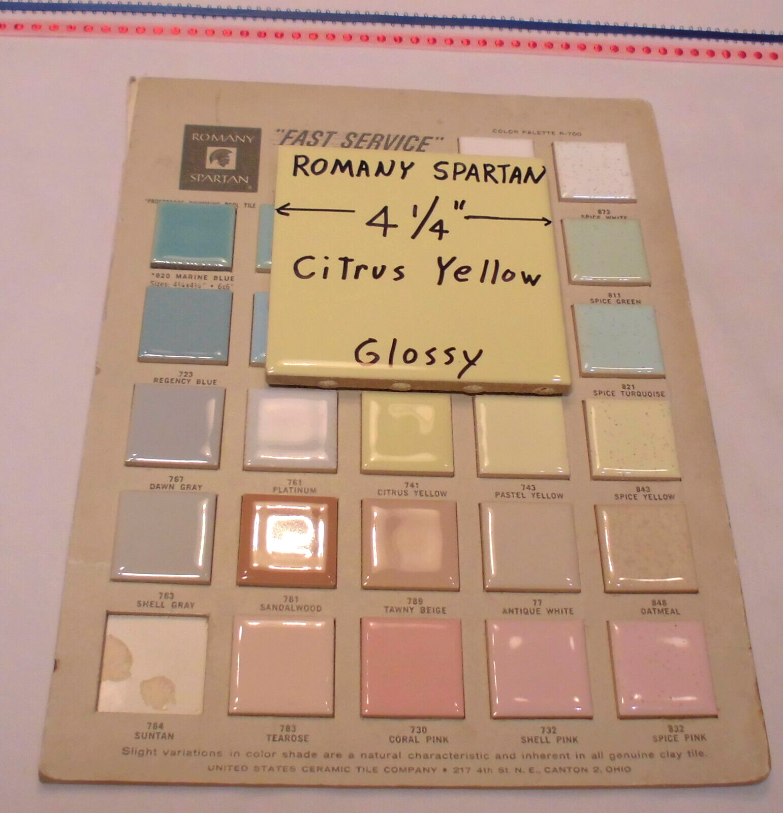 1pc. *Citrus Yellow * 4-1/4″ Glossy Ceramic Tile by Romany Co. Made 1940’s -50’s