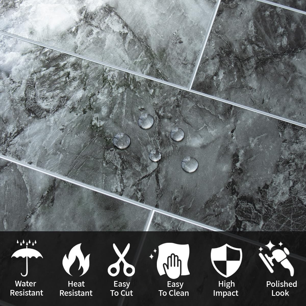 40-Piece Polished Dark Grey Marble Peel and Stick Backsplash Wall Tiles, 3″ x…